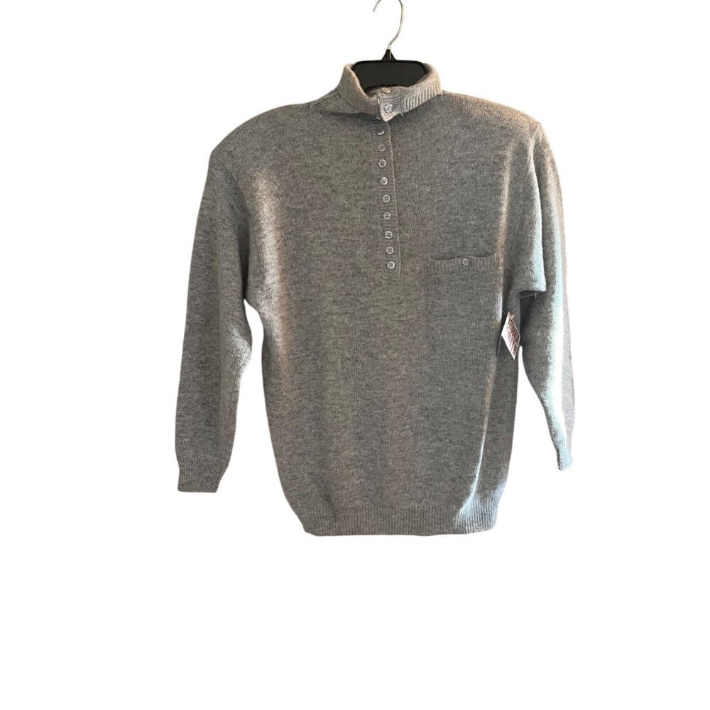 Amanda Smith S Gray lambsWool-Blend Sweater Button-Up Collar & Pocket Womens